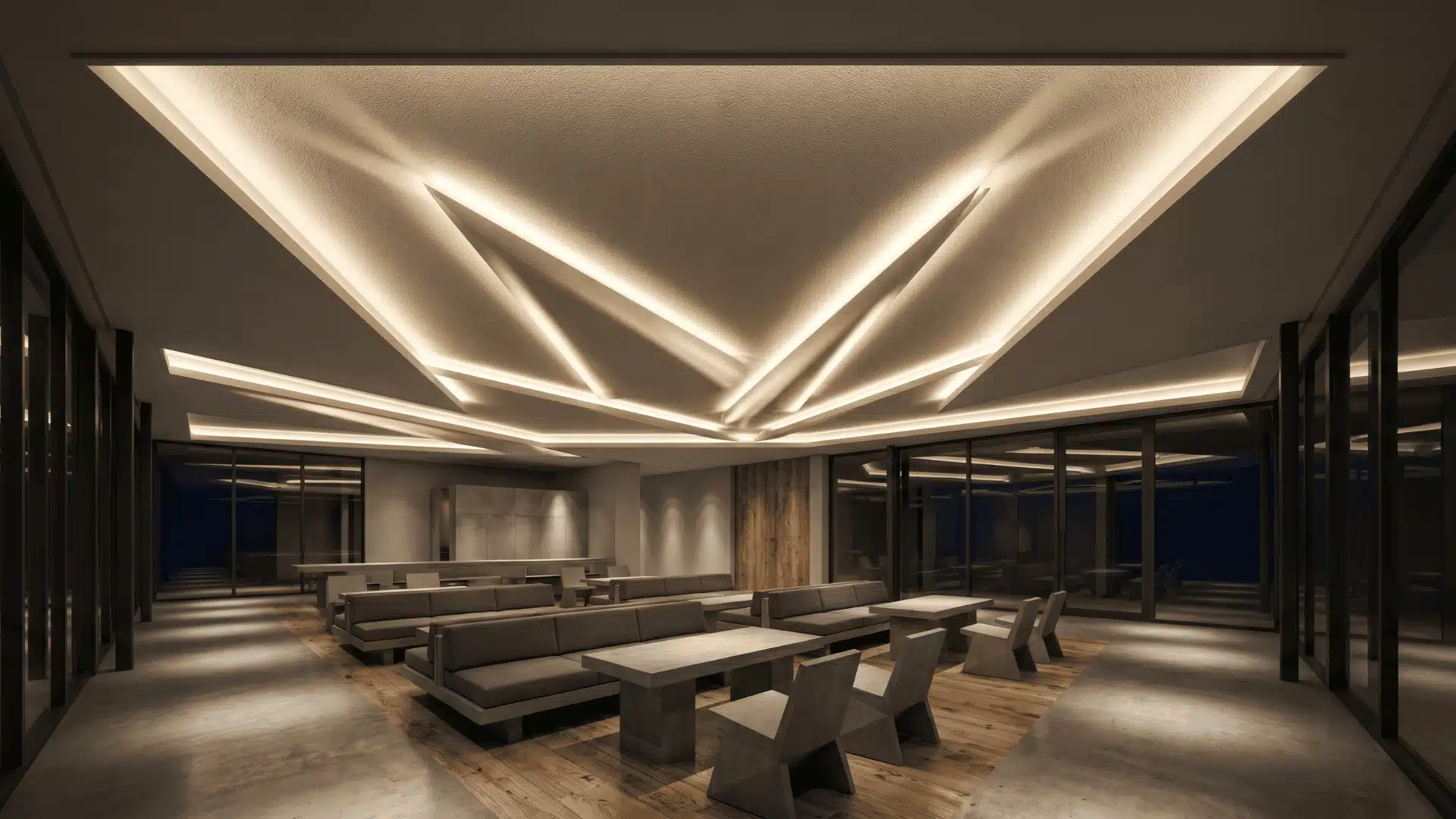 Directional wash tray ceiling with light cast unevenly across recessed surface for directional emphasis.