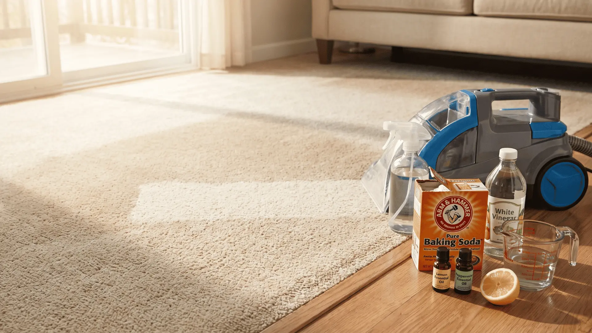 DIY carpet cleaner supplies with a carpet extractor and homemade cleaning ingredients beside a freshly cleaned carpet.
