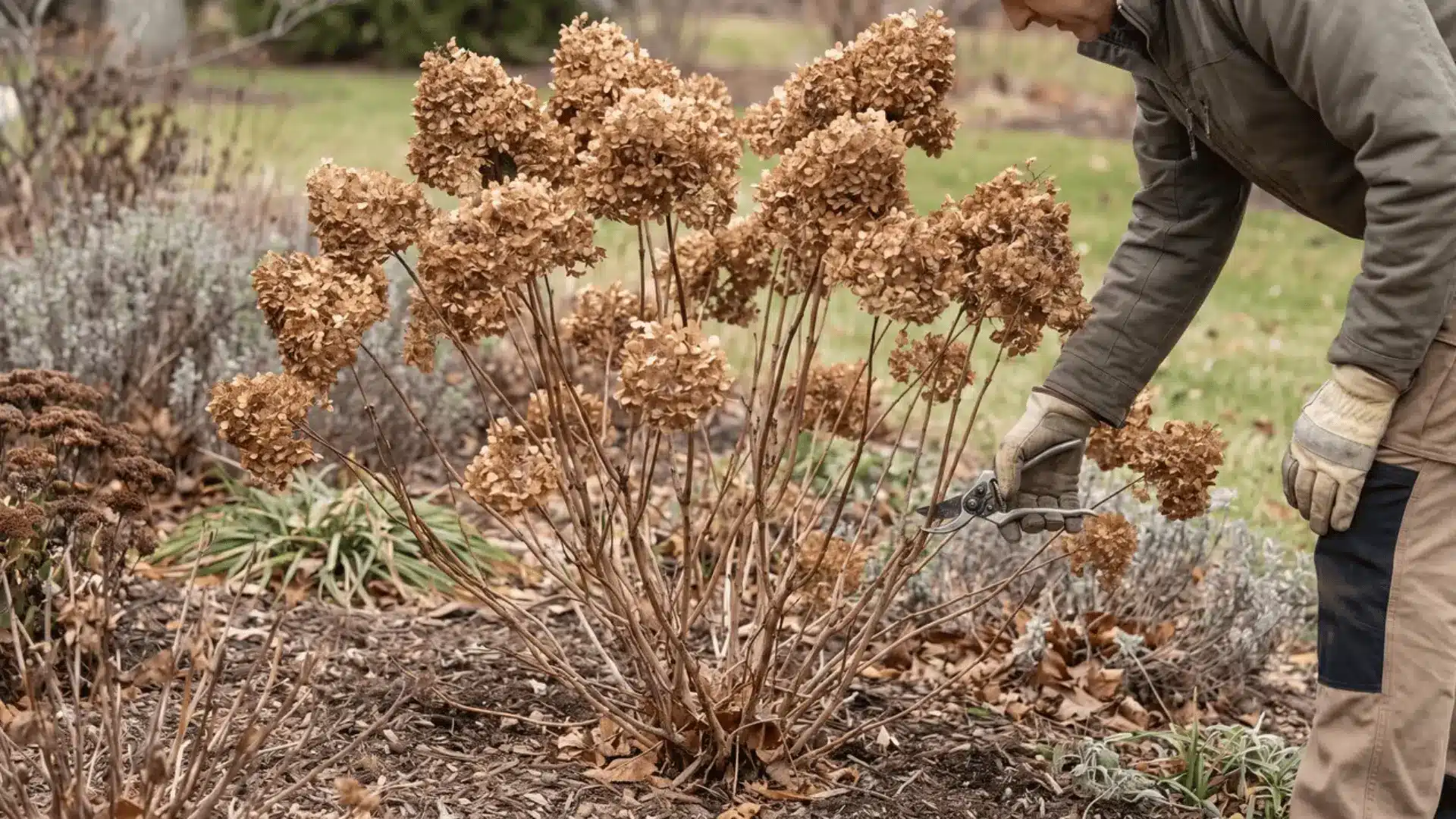 Dried hydrangea shrub with old flower heads and a person holding pruning shears beside it