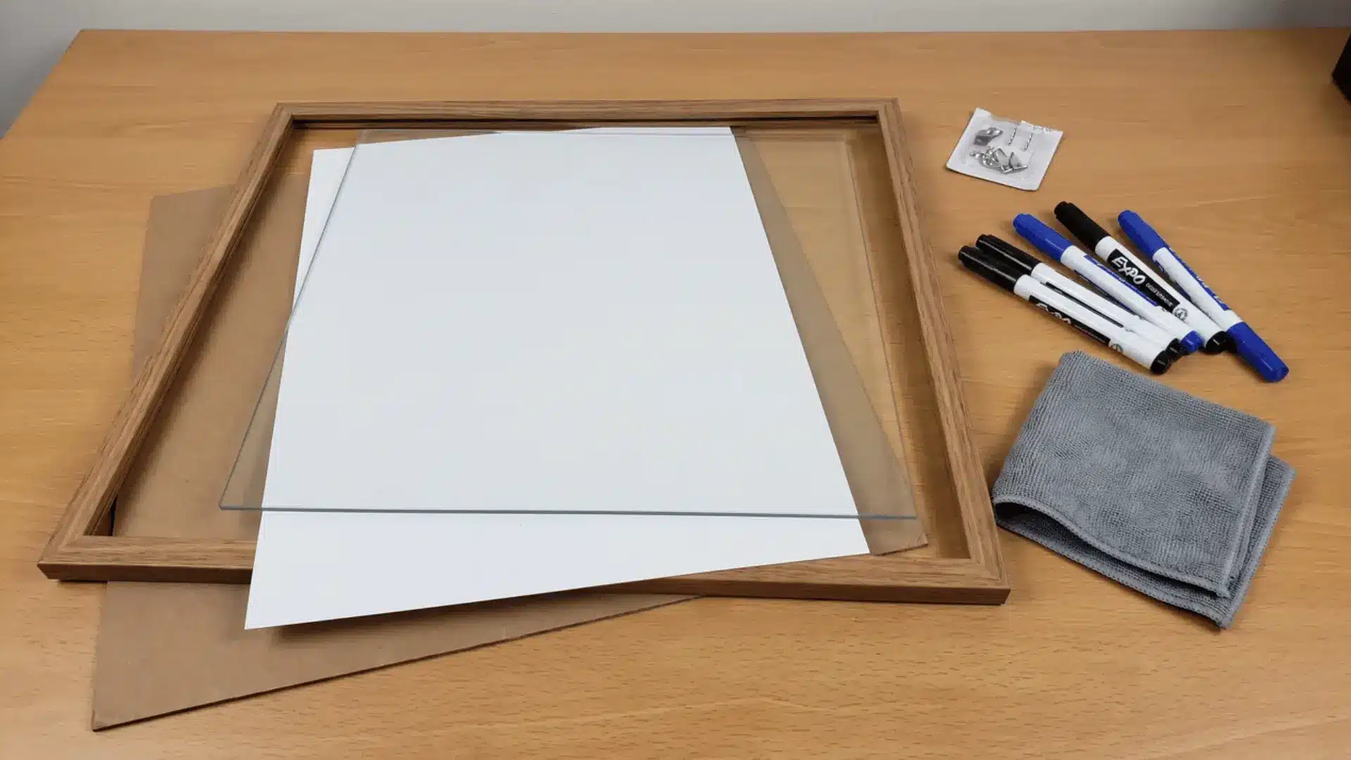 Picture frame being assembled as a dry-erase board with clear insert, plain backing, markers, and cleaning cloth