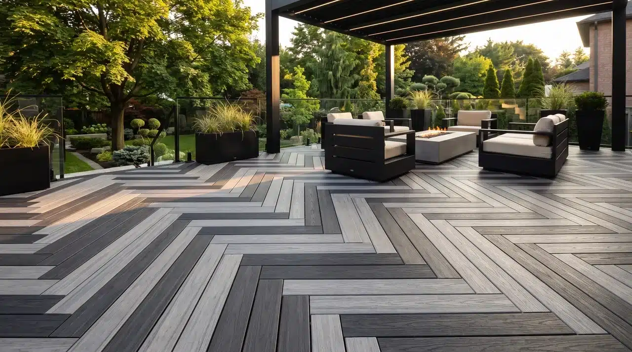 Modern deck with charcoal and light gray herringbone composite flooring, minimalist furniture, glass railing, and luxury styling.