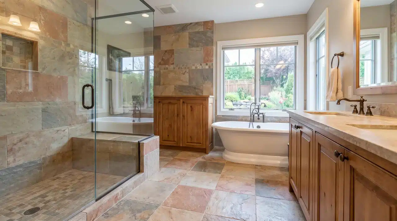 Earth-toned bathroom with a glass walk-in shower, freestanding tub, wooden vanity, and natural stone tile.
