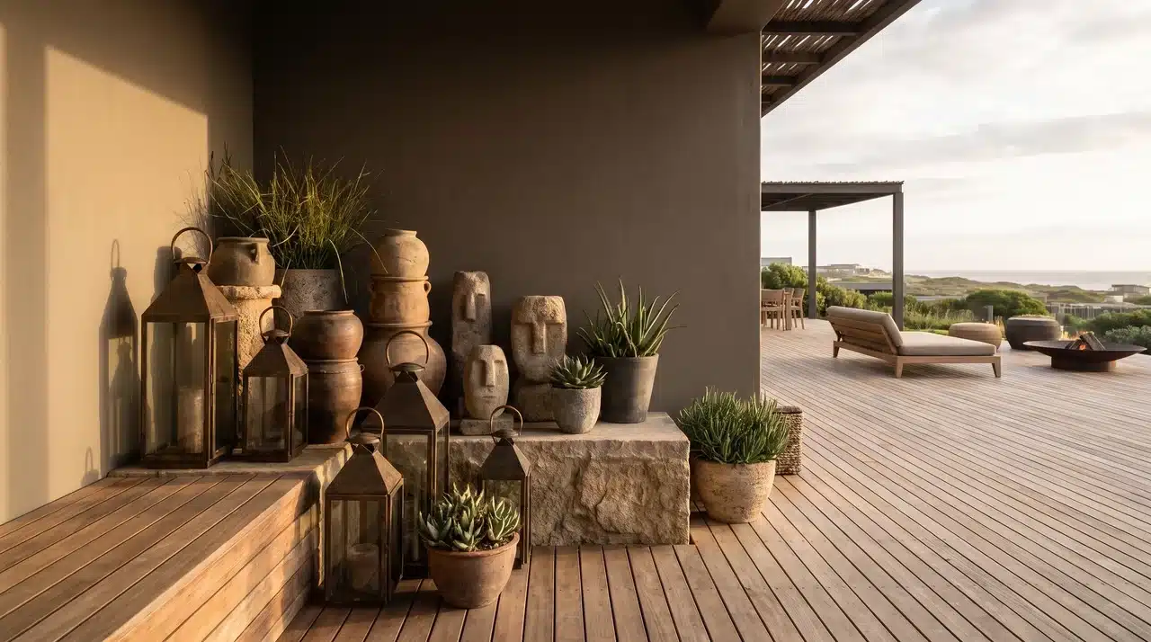 Wooden deck with clustered decorative corner styling, sculptural objects, and minimalist open space contrast.