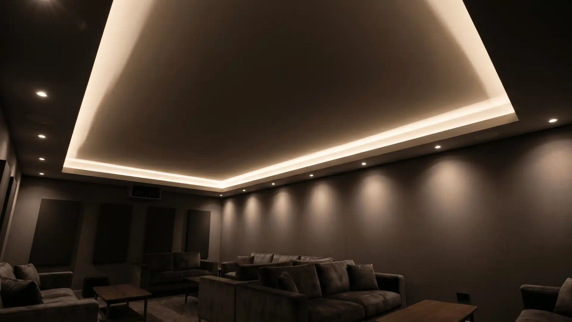 Edge spot wash tray ceiling using spaced lighting points to create continuous perimeter glow.