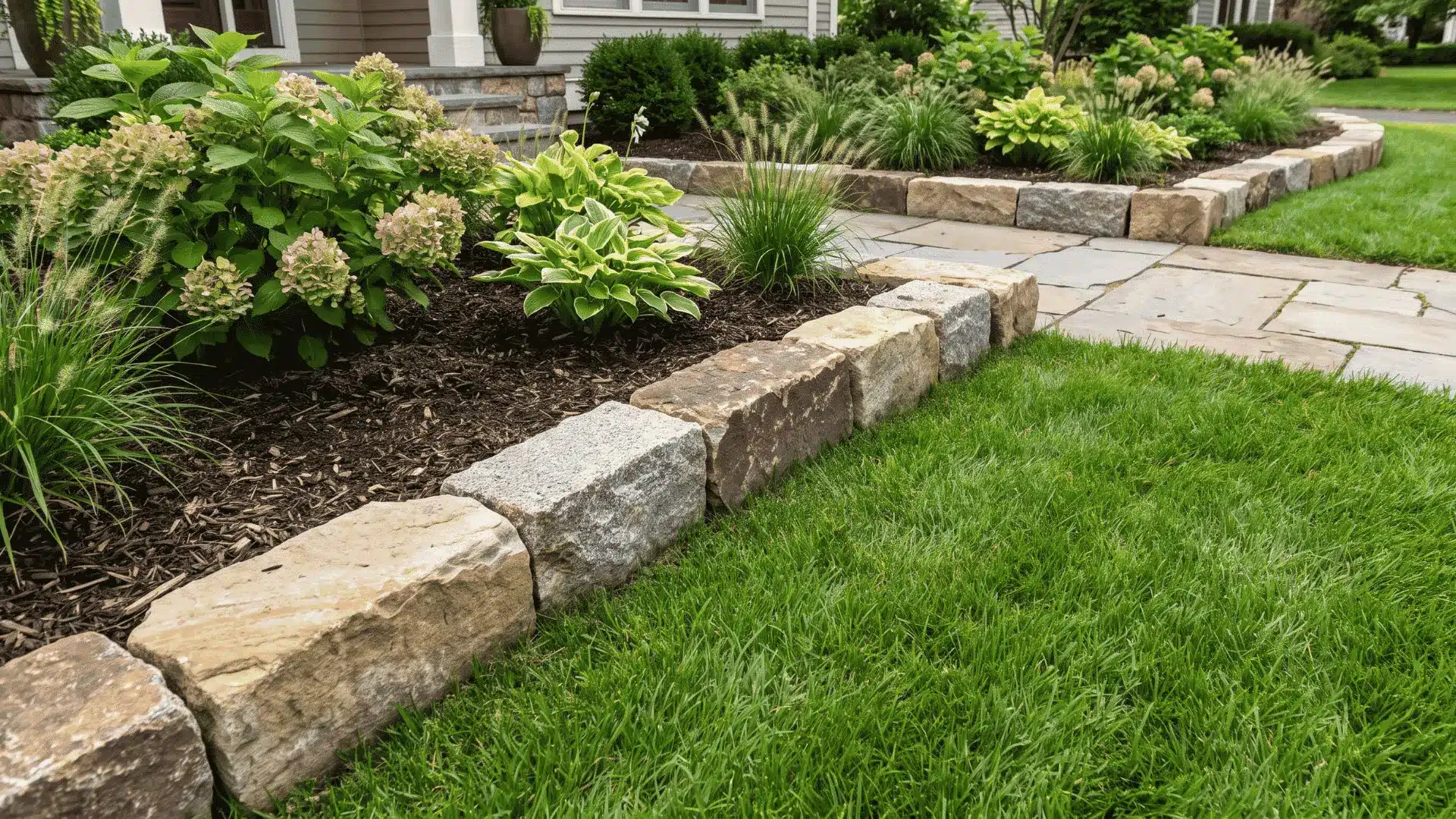 Natural stone edging creating clean borders between garden beds and lawn.