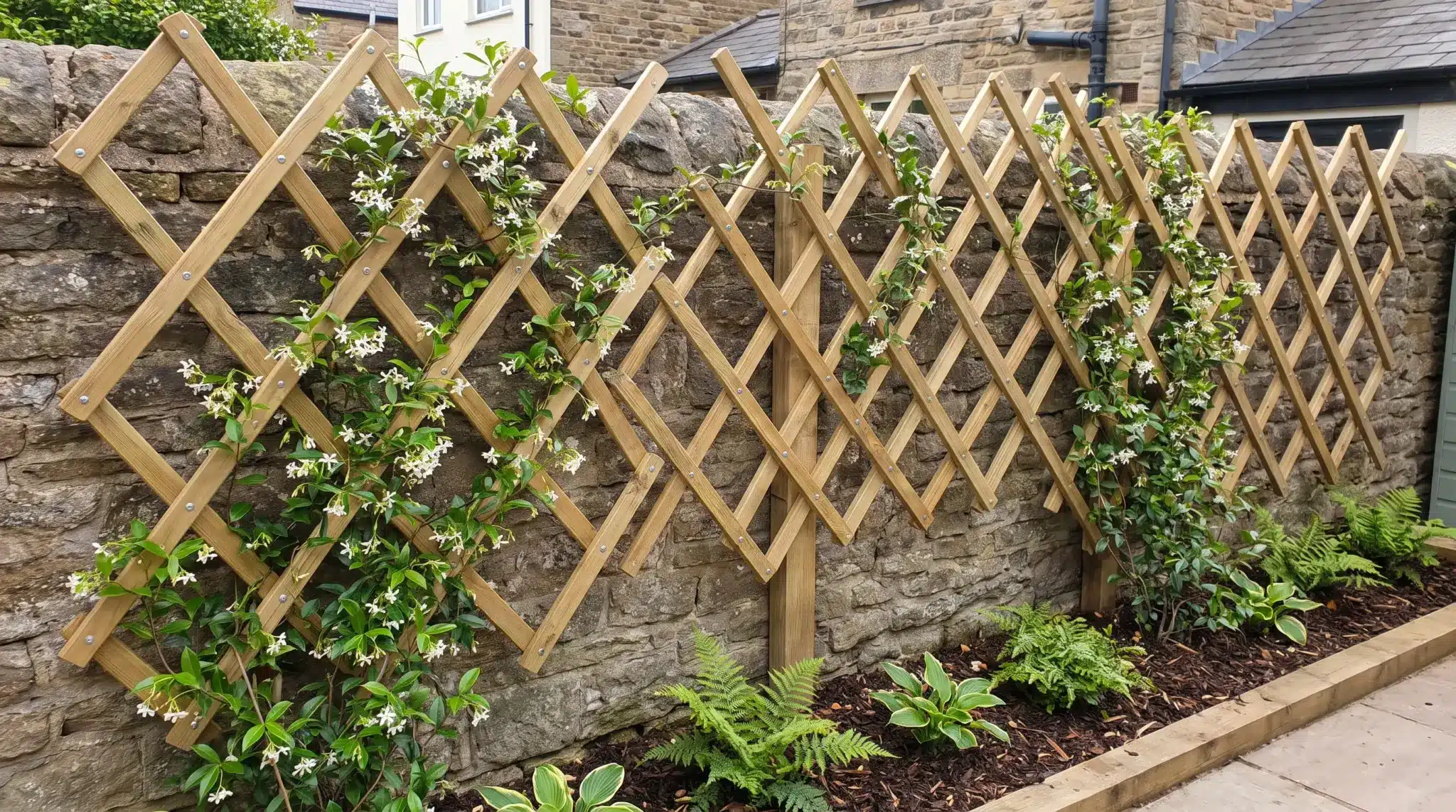 Expandable wooden accordion trellis supporting jasmine above a narrow garden bed.
