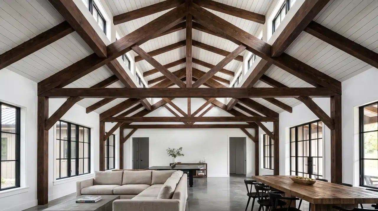  Vaulted ceiling with fully exposed dark-stained timber rafters and purlins, white roof deck between bays, industrial farmhouse great room flooded with daylight.