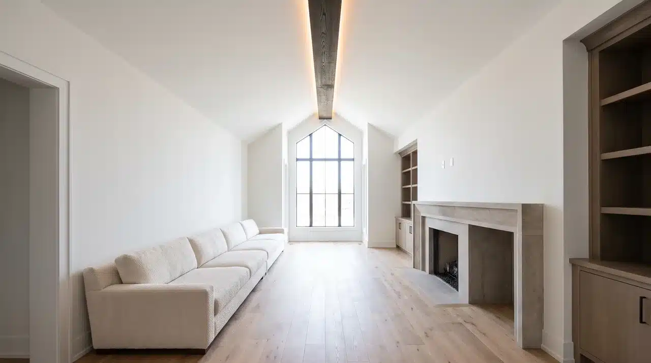 Transitional narrow vaulted ceiling living room with single dark oak exposed ridge beam as focal point lit by natural gable window light.