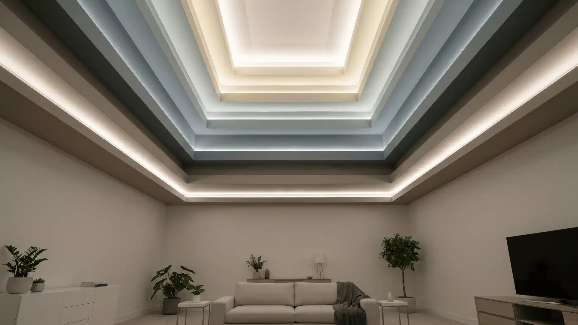 Extended depth tray ceiling creating strong recessed illusion through layered ceiling steps.