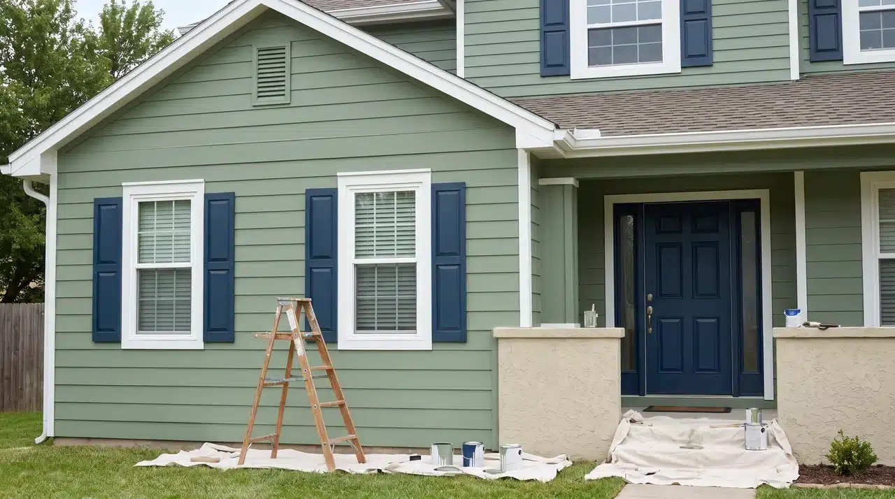 House exterior with painted siding, trim, shutters, front door, and masonry section.