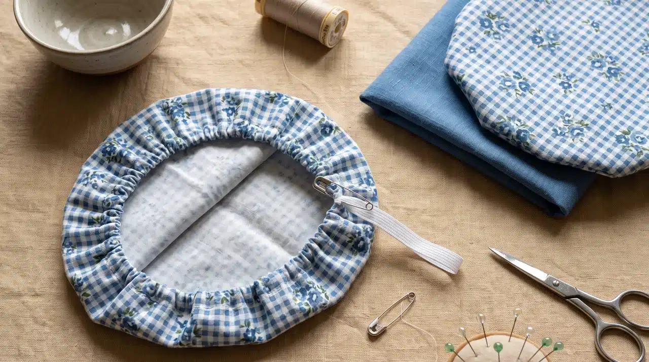 Cotton bowl cover with elastic partly threaded through the sewn edge beside finished covers