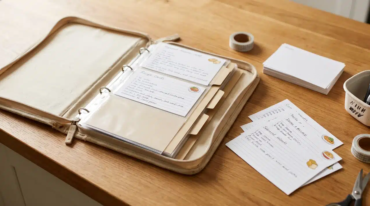 Open recipe binder with organized recipe cards and loose cards beside it
