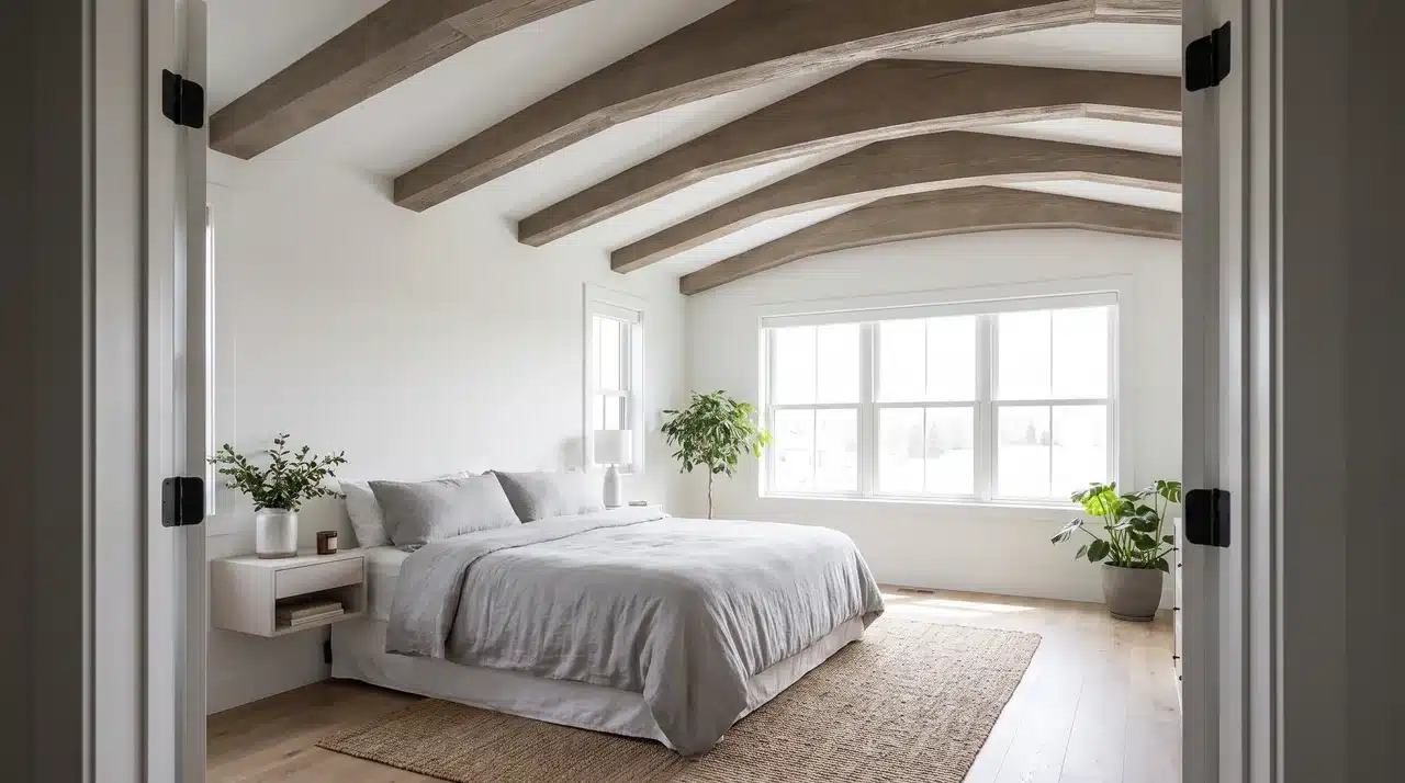 Modern farmhouse bedroom with faux timber beams on shallow pitch vaulted ceiling proportioned with wide bay spans in natural daylight.