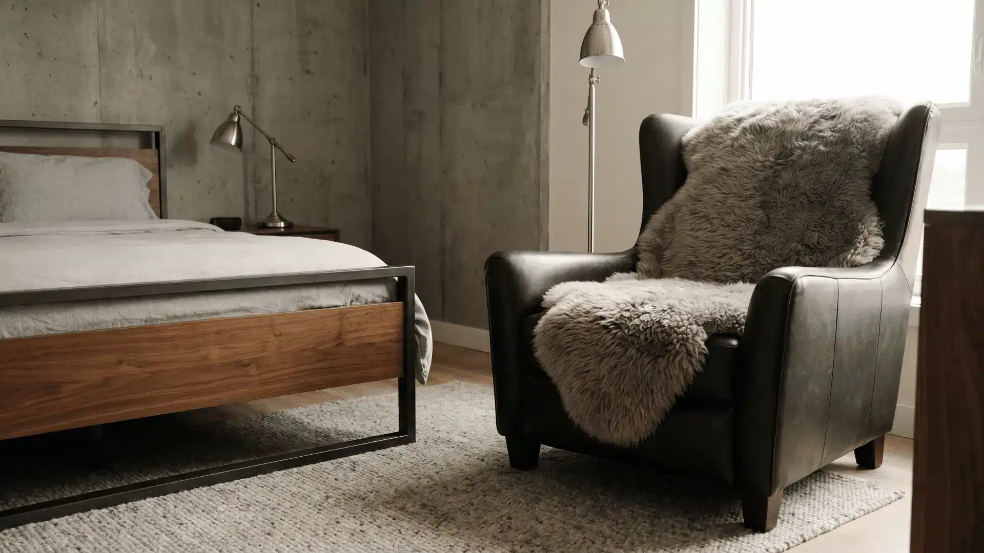 Gray faux sheepskin throw draped over a dark leather chair in a masculine bedroom