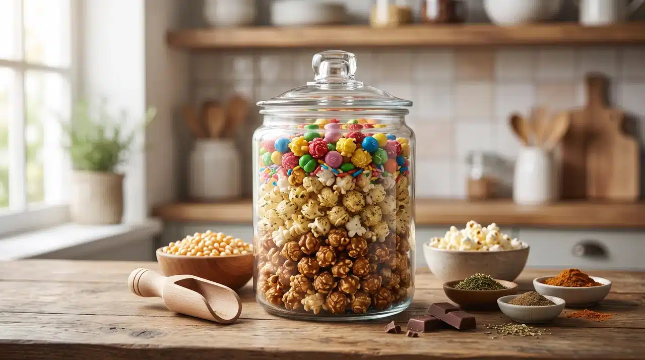 Glass jar filled with flavored popcorn mix beside popcorn kernels and seasonings