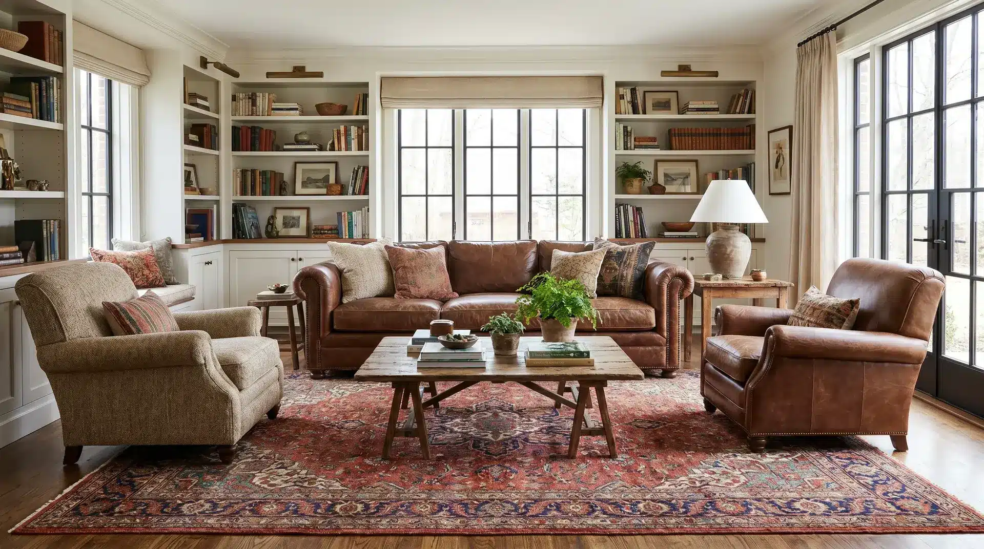 Floating sofas and chairs away from walls creating flow and a spacious feeling in the living room.