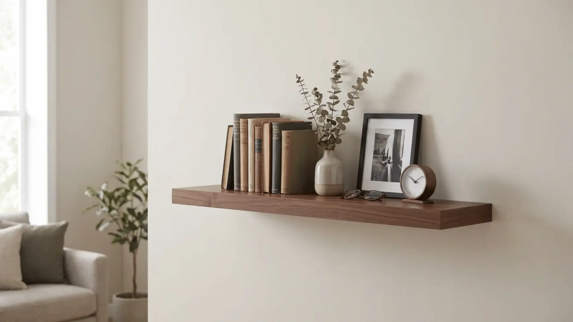 Wooden floating shelf mounted on a wall with books and small decor items