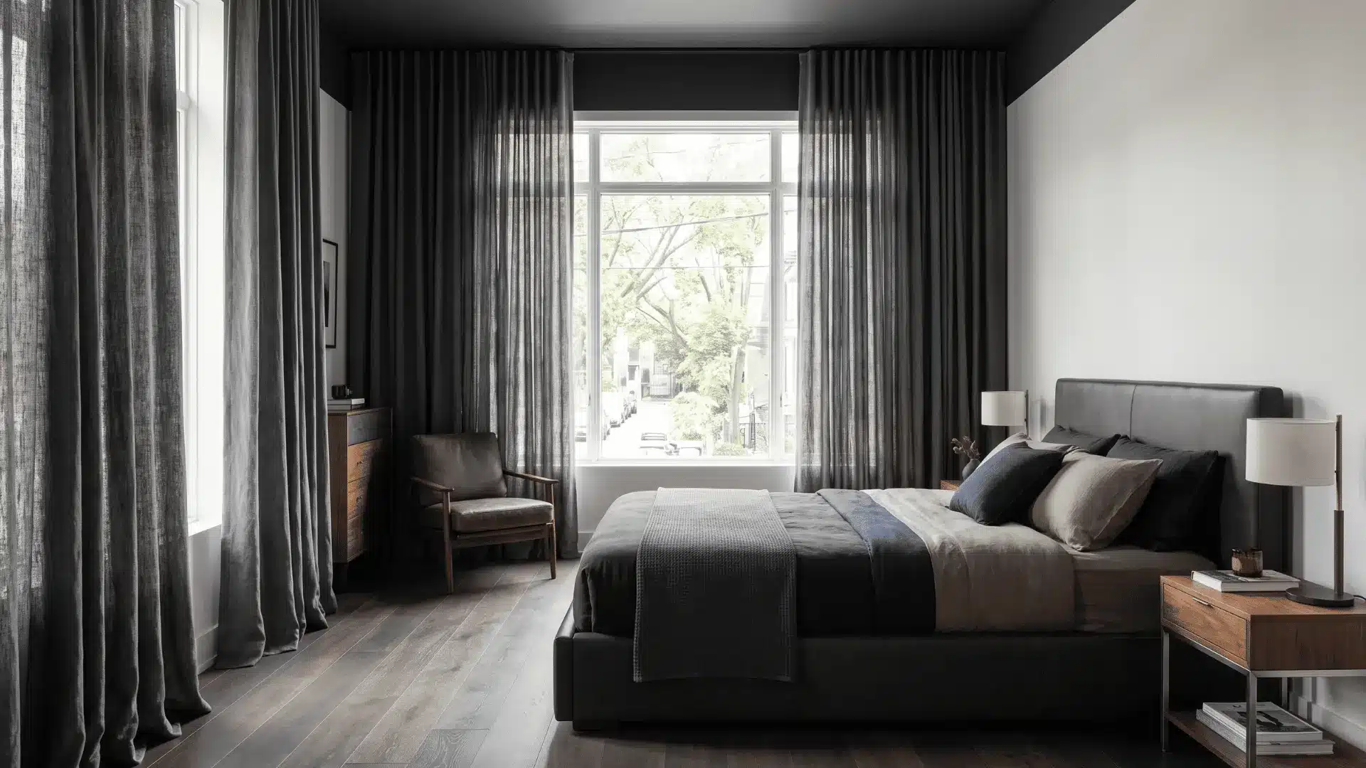 Men’s bedroom with charcoal floor-to-ceiling curtains framing a large window