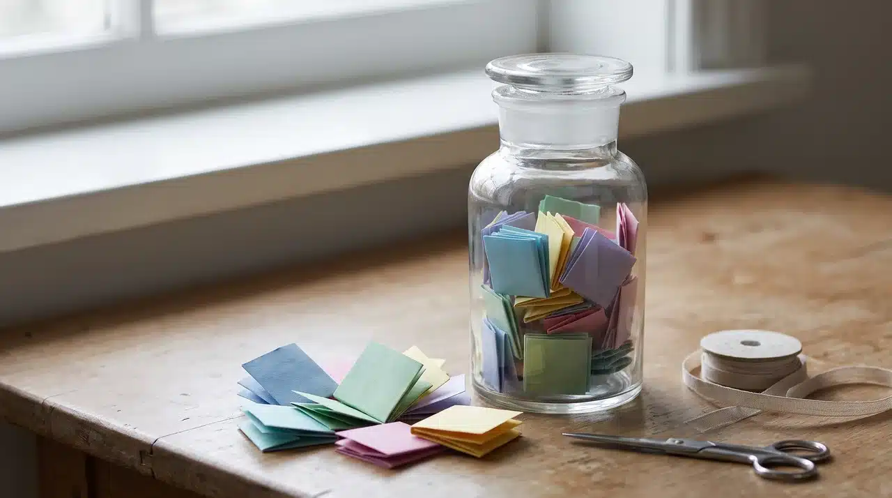 Clear glass jar partly filled with folded colorful notes and ribbon beside it