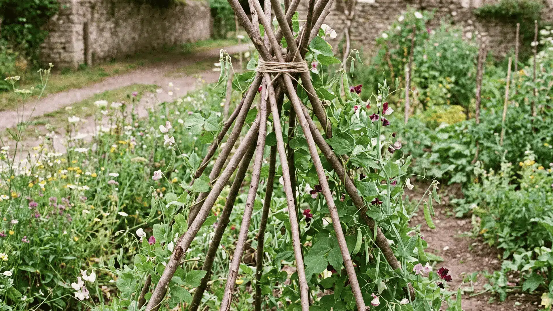 Foraged branch teepee tied with twine and supporting climbing beans in a cottage garden.