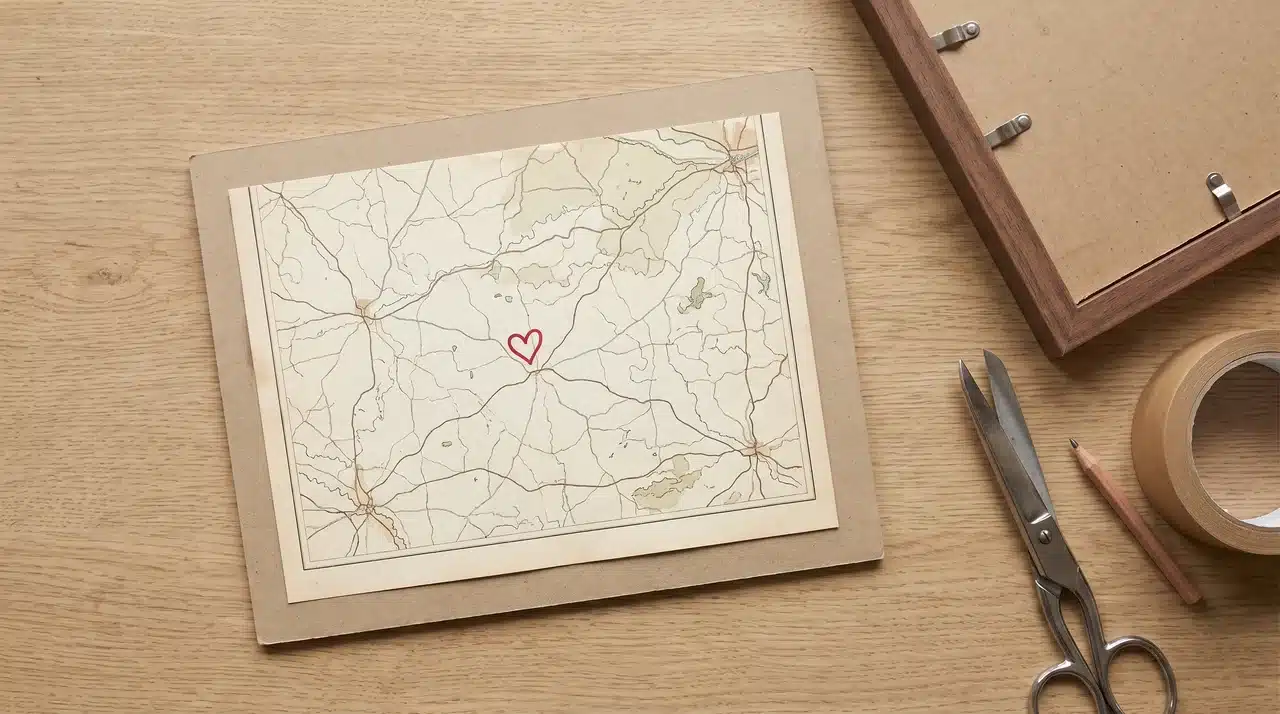 Printed map with a heart marker being mounted on cardstock for framing