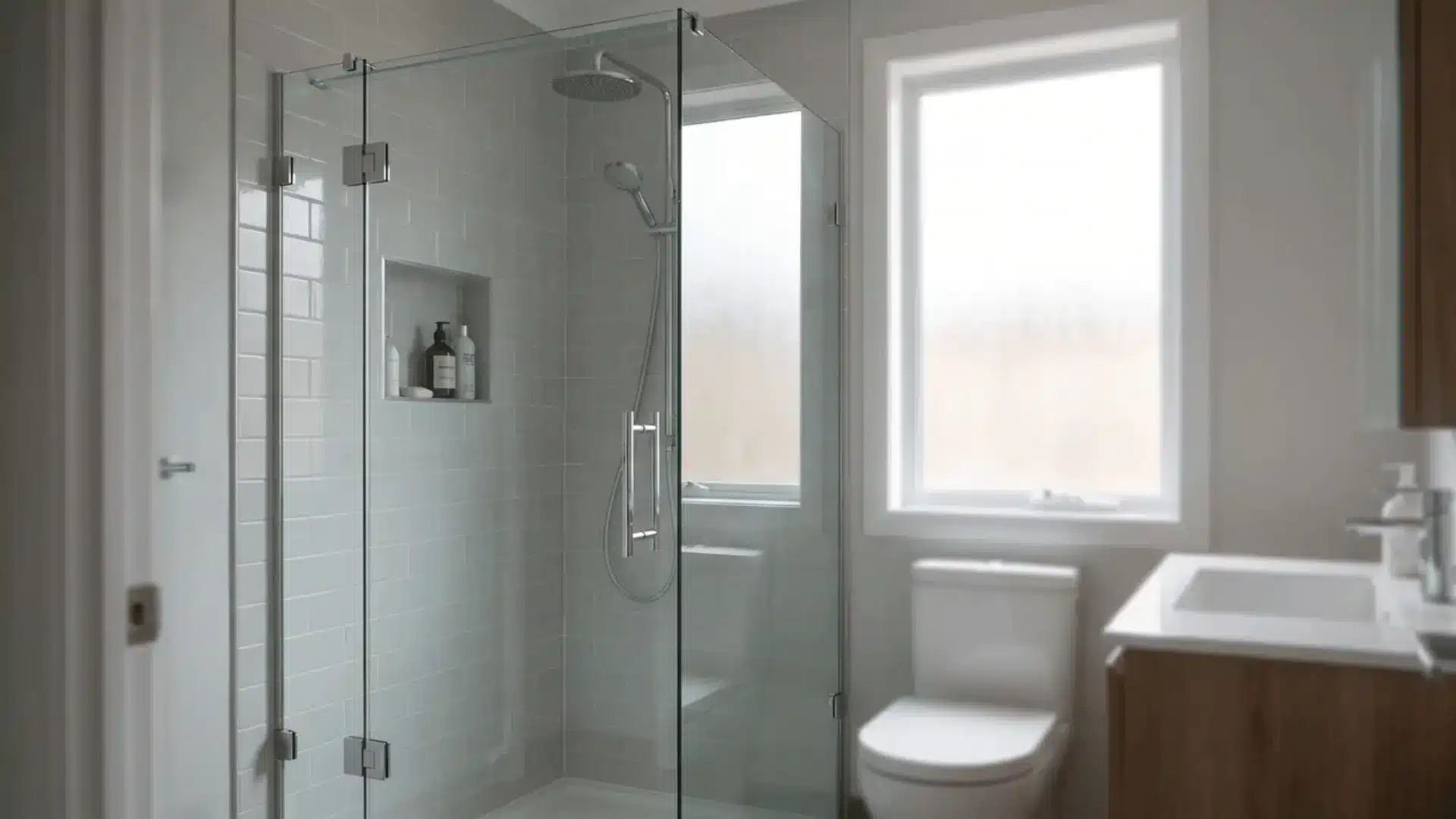 Frameless glass shower door in compact bathroom