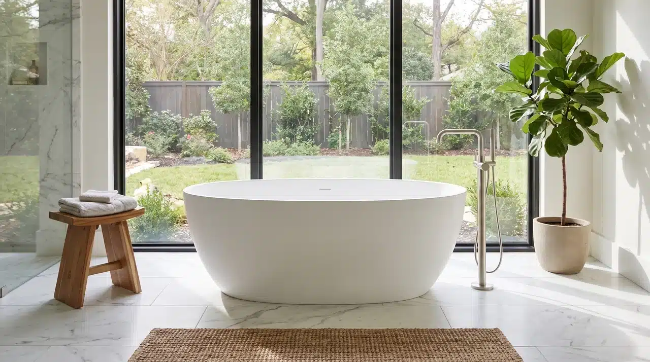 Freestanding white bathtub beside floor-to-ceiling windows, a potted plant, wooden stool, and garden view.