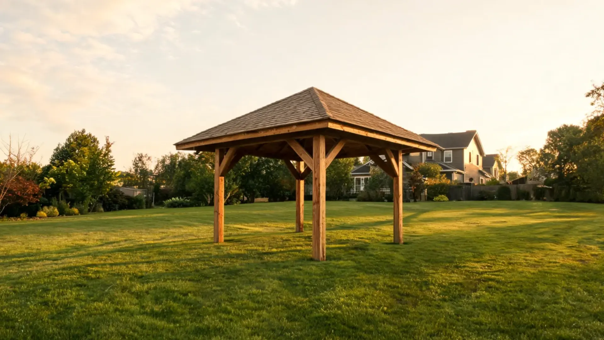 Freestanding wooden pavilion with a square hip roof set on a large grassy lawn.
