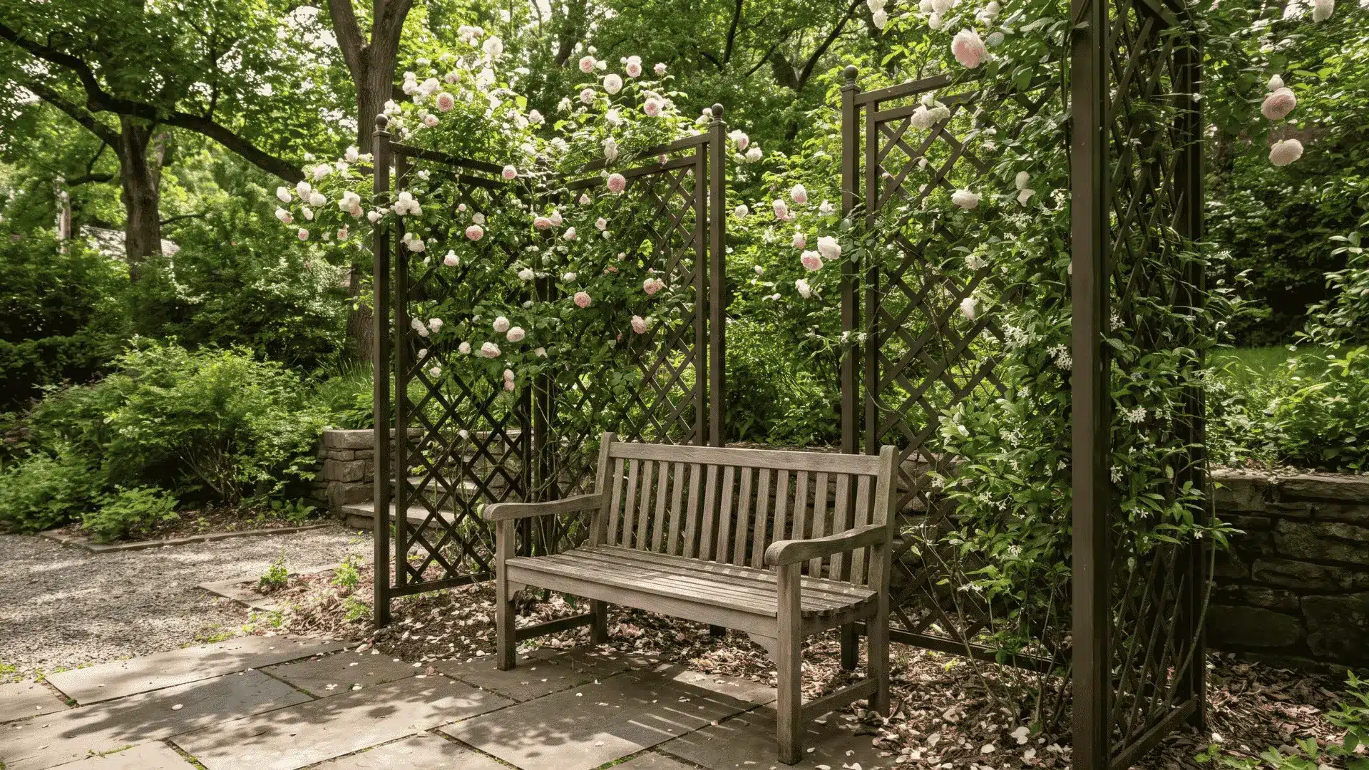 Garden bench framed by anchored trellis panels covered with fragrant flowering vines.