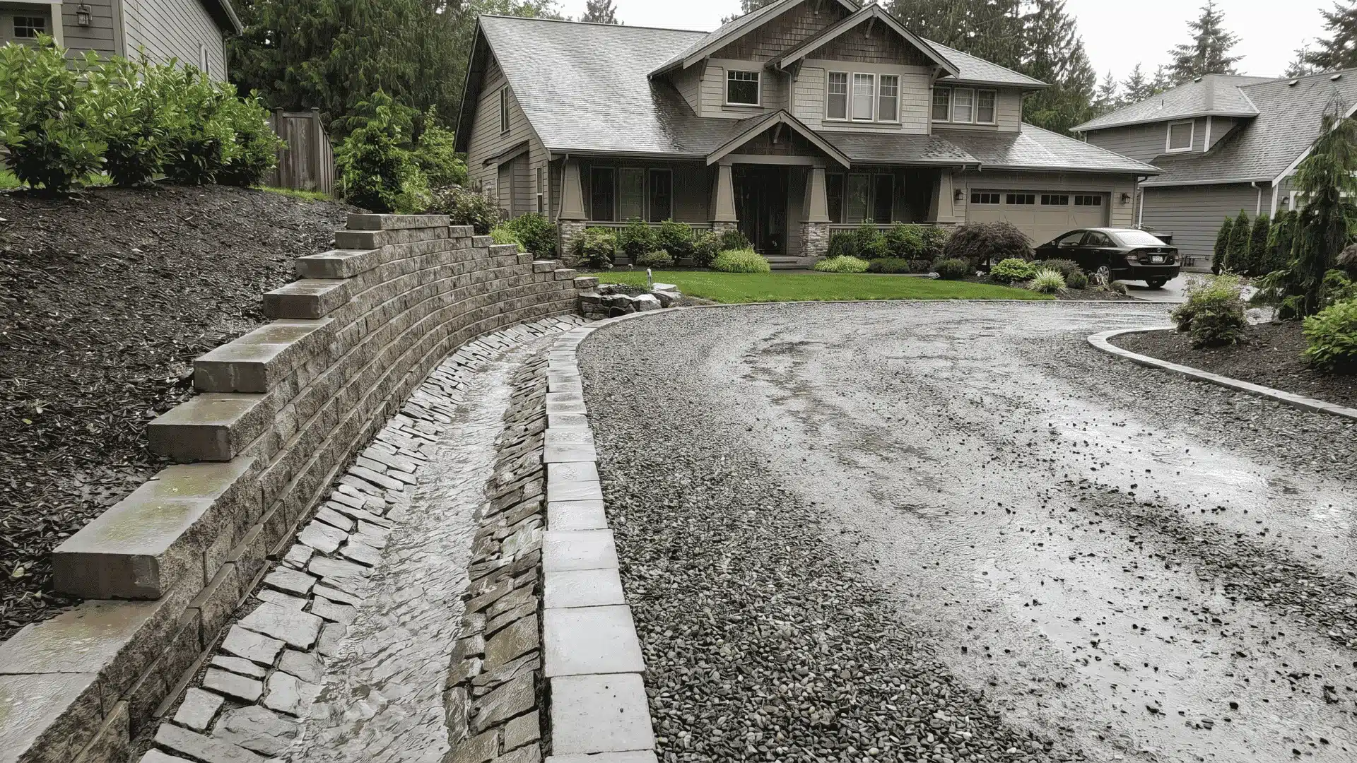 Gravel driveway with drainage channels designed to manage water flow.