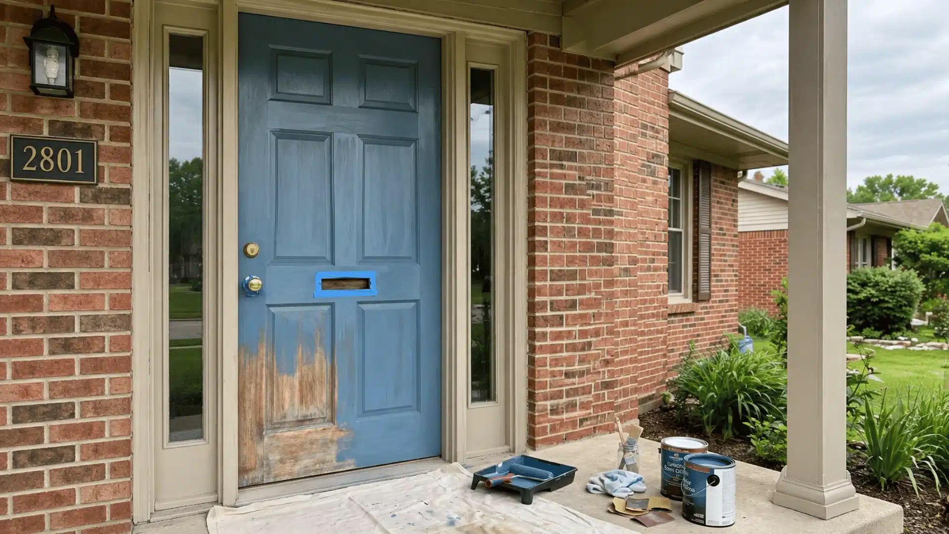 Front door midway through painting with exposed wood, blue paint, painter’s tape, paint cans, roller, brushes, and drop cloth