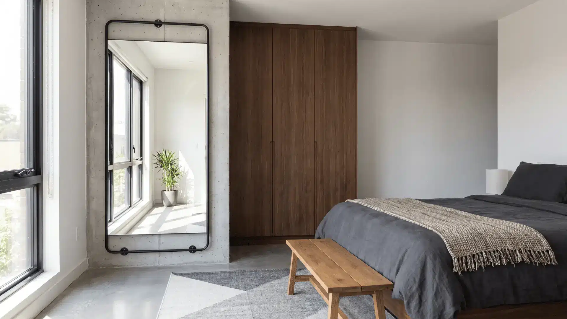Modern men’s bedroom with a black-framed full-length mirror beside the wardrobe
