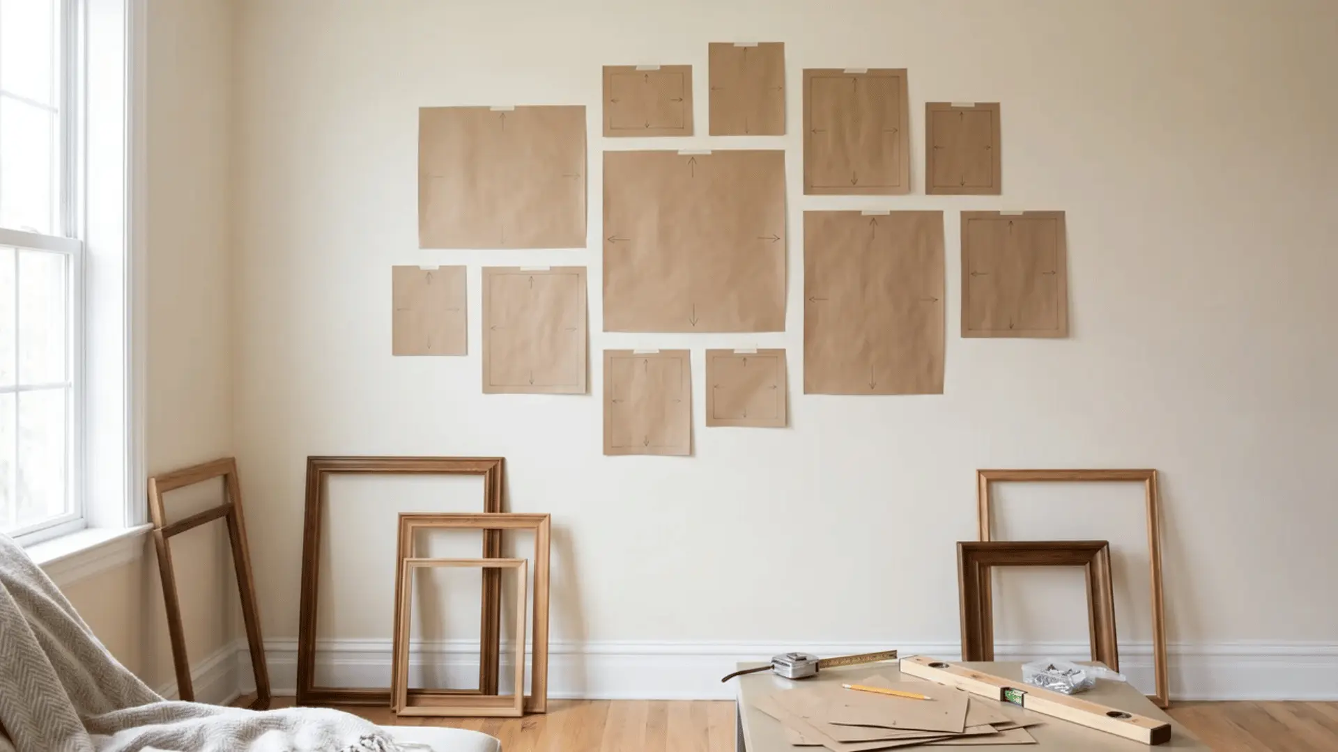 Paper frame templates arranged on a wall with frames, picture hooks, level, pencil, and measuring tape nearby