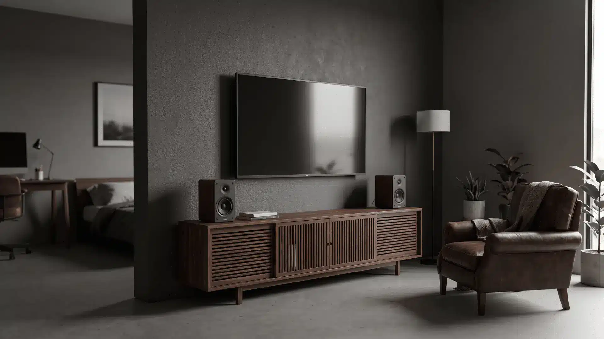 Organized entertainment zone with a television, media cabinet, speakers, and hidden cables