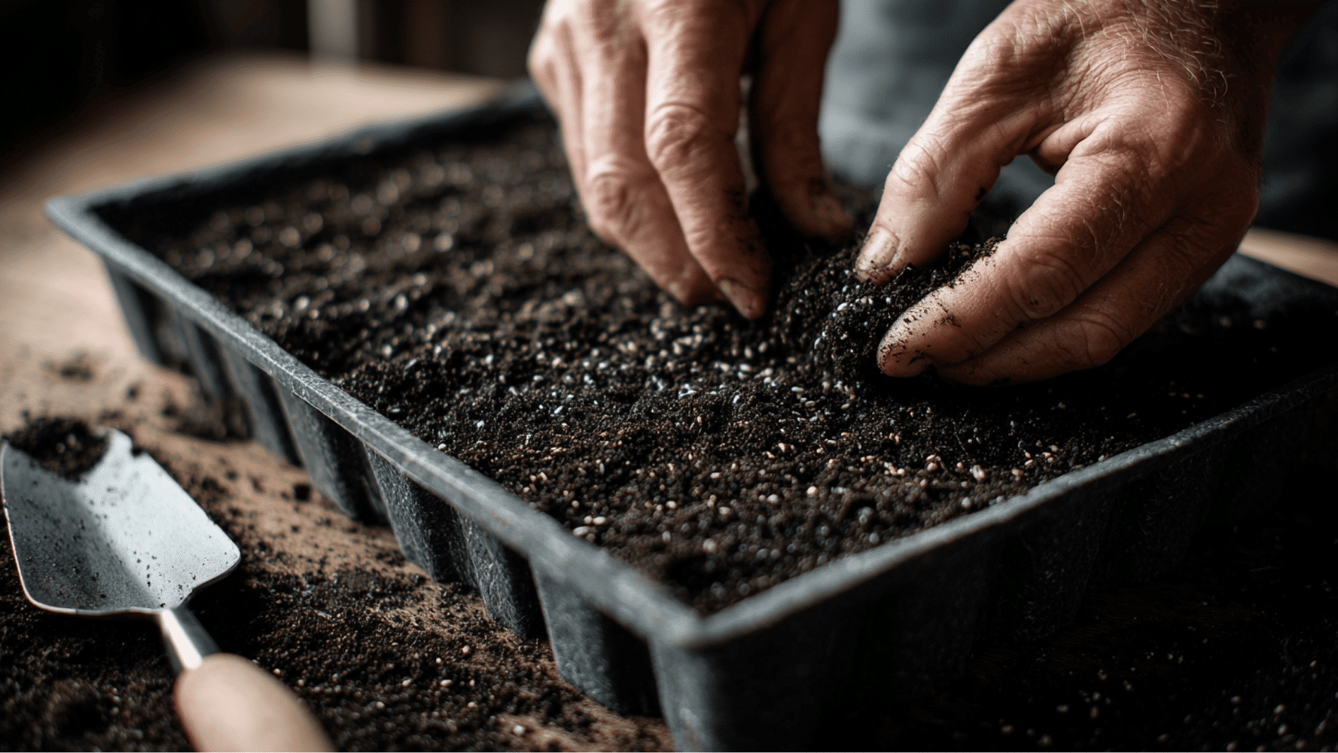 gardener adding soil around healthy basil seedlings in a seed tray to improve spacing and root support indoors