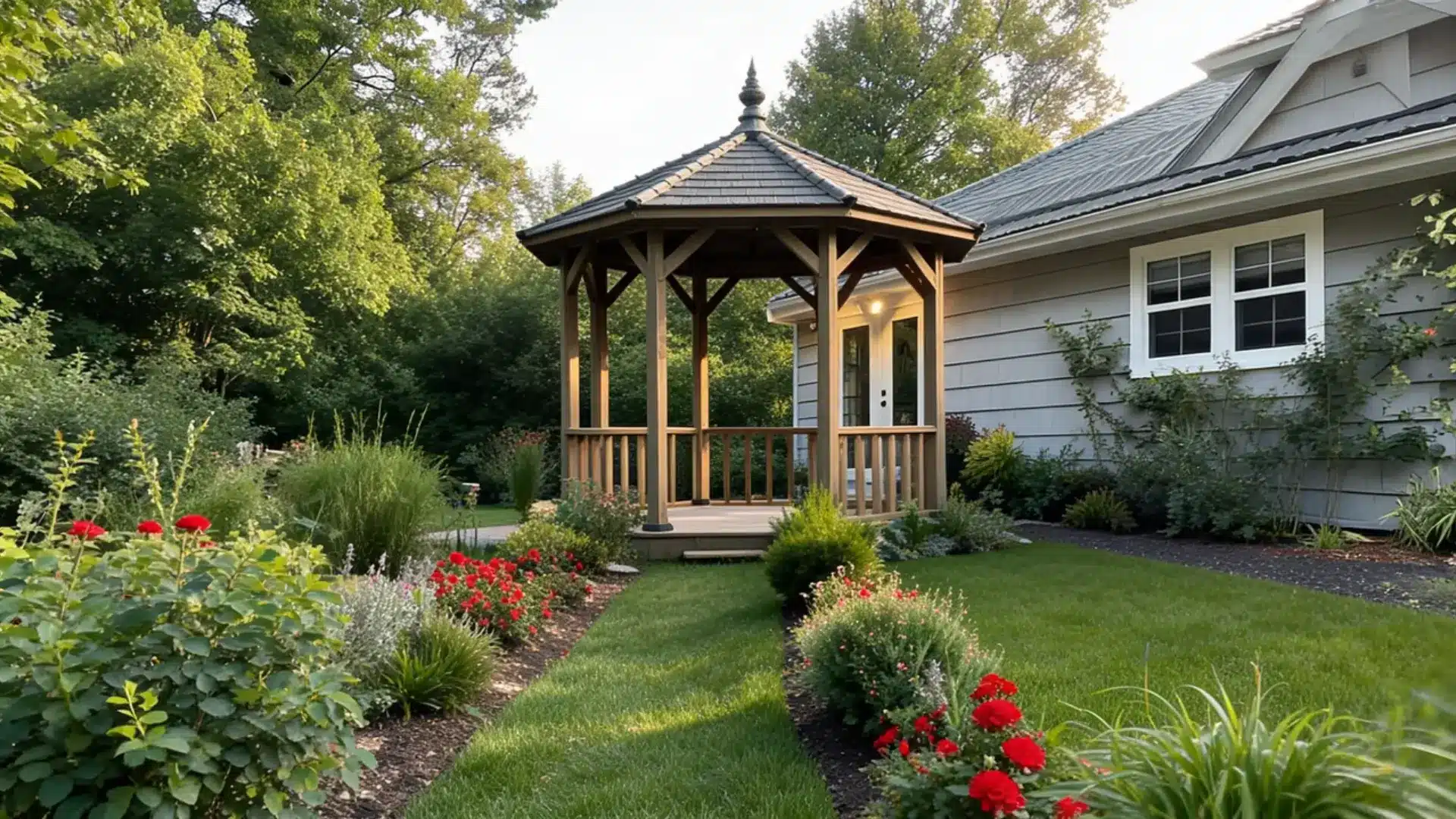 Wooden octagonal gazebo attached to a house porch surrounded by lush flower beds.