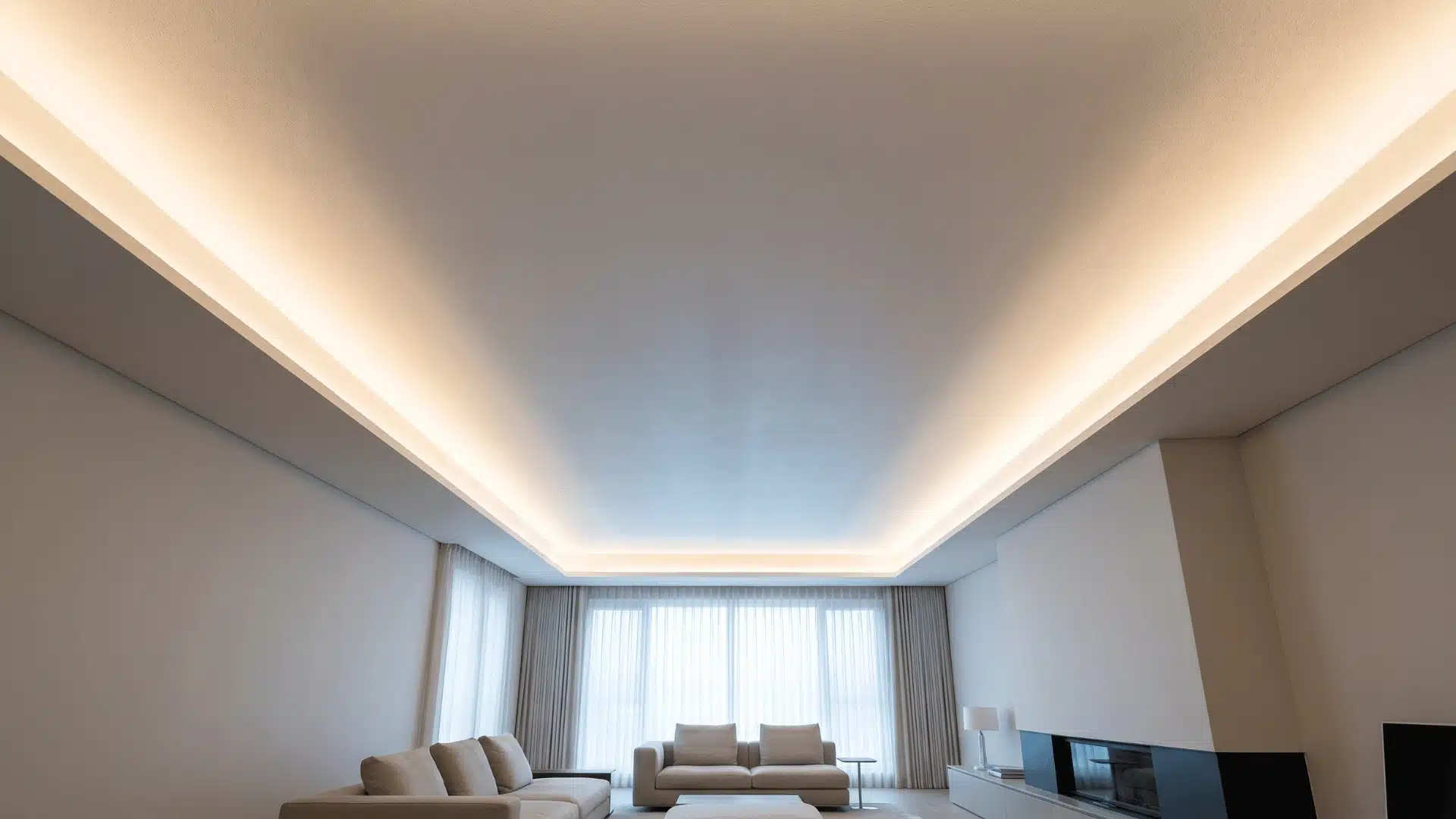 Gradient illumination tray ceiling with smooth light transition across recessed ceiling field.