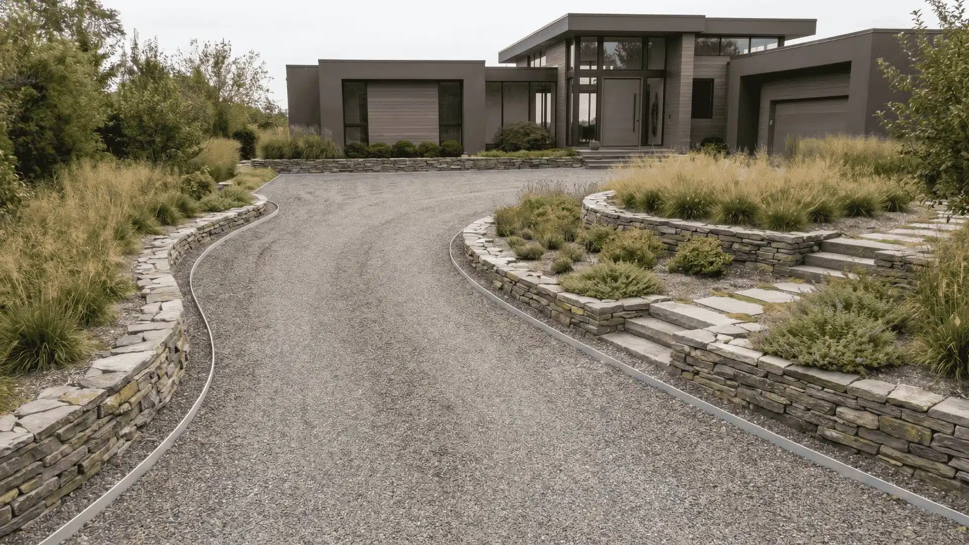 Modern home with a clean gravel driveway leading to the entrance, showing a structured and well-maintained outdoor space.