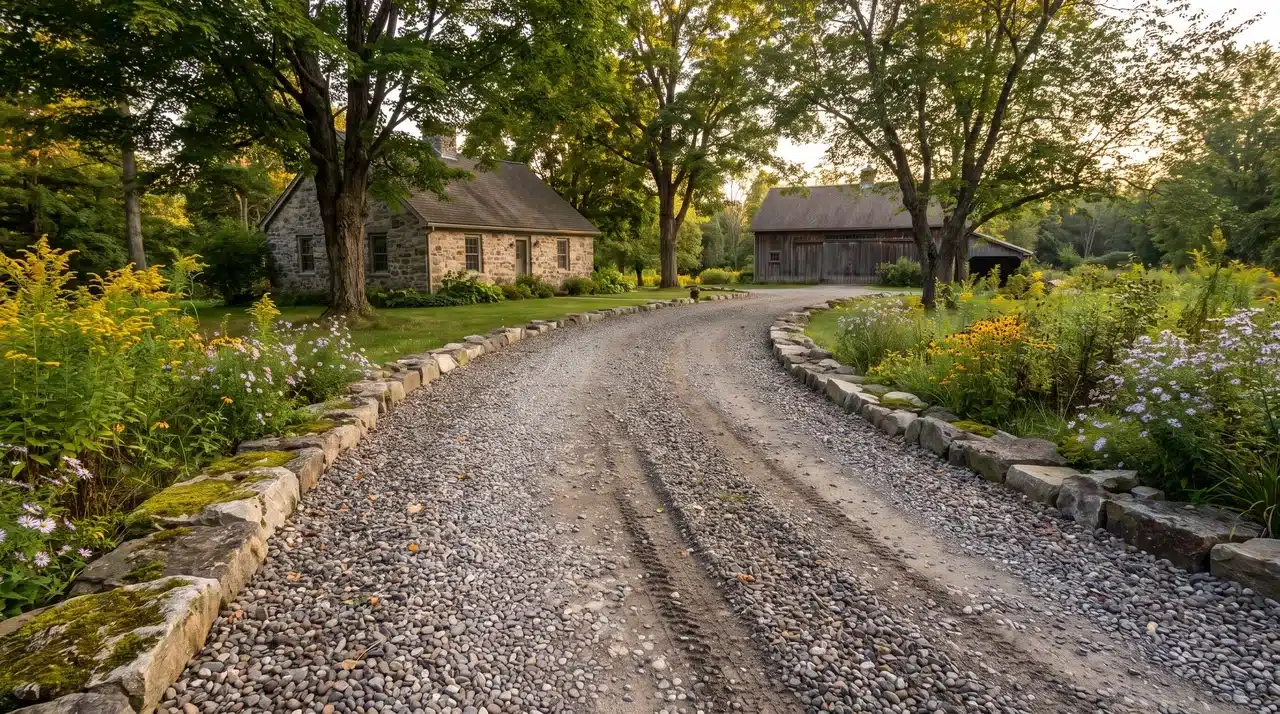 Gravel driveway with stone edging leading through a garden landscape to a rustic stone cottage and trees.