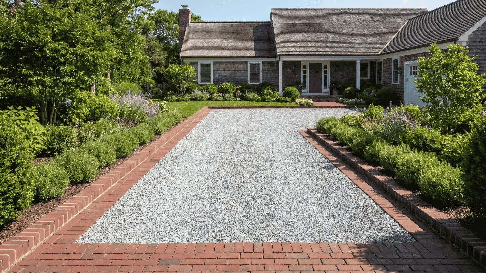 Gravel driveway with brick borders creating a structured and classic finish.