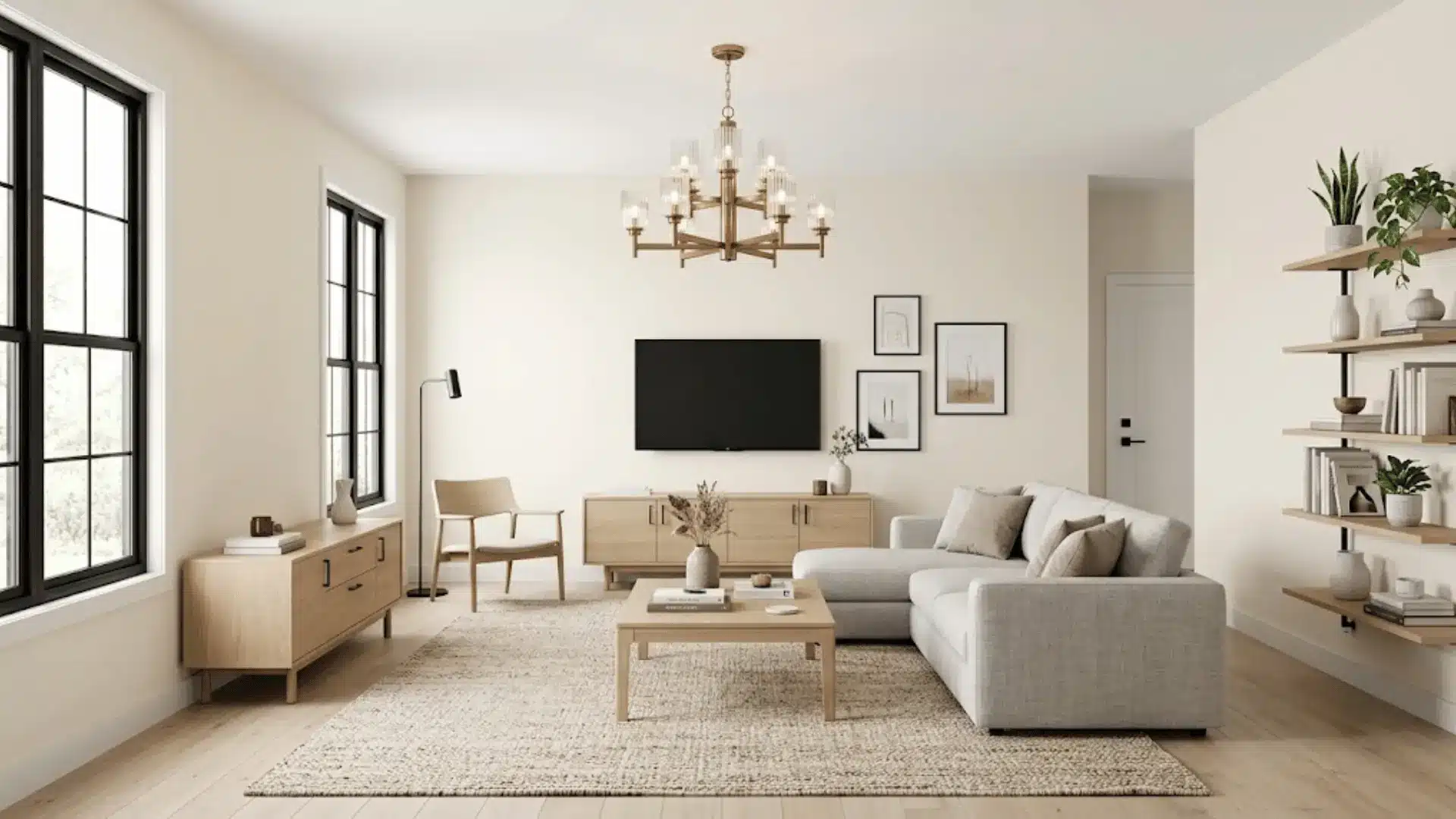 Modern living room with warm white walls, light oak furniture, and matte black fixtures