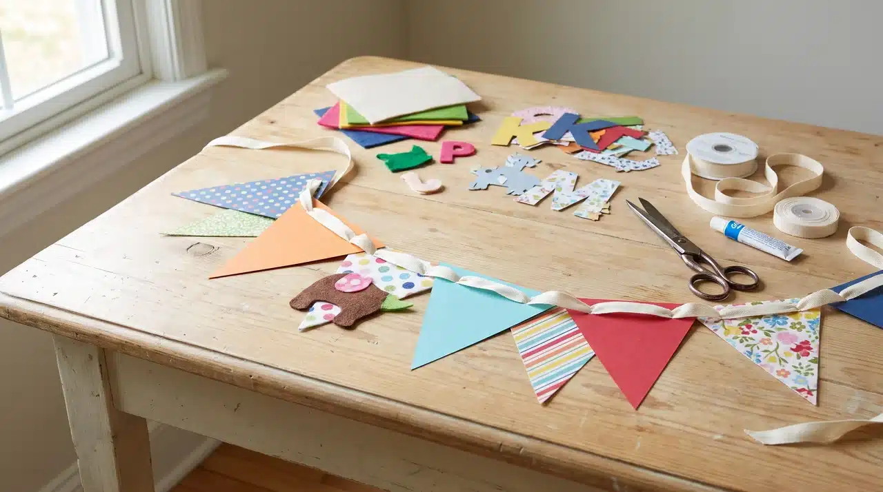Handmade birthday banner with felt and cardstock pieces arranged with ribbon on a wooden table