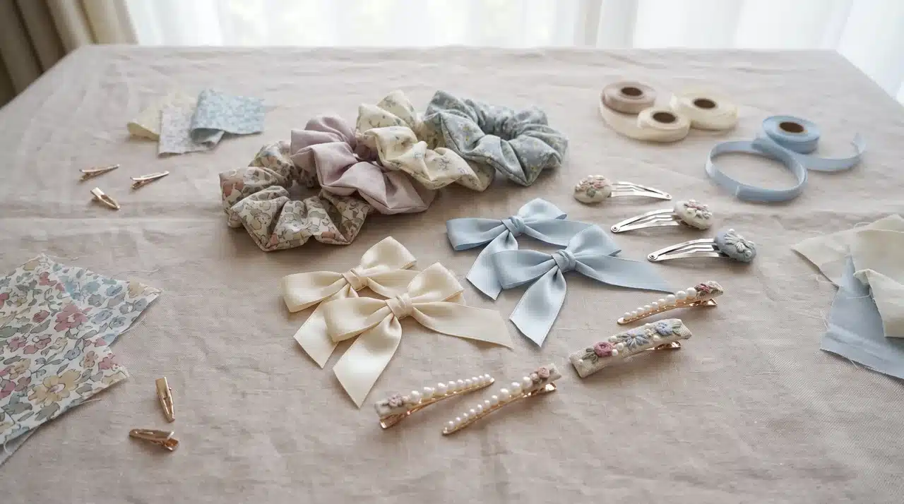 Handmade hair accessories set with fabric scrunchies, bows, and clips arranged together