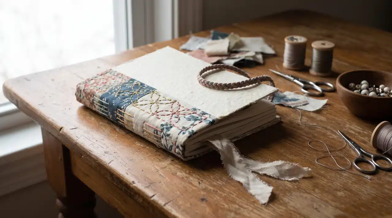 Handmade journal with custom cover, stitching, elastic closure, and ribbon bookmark
