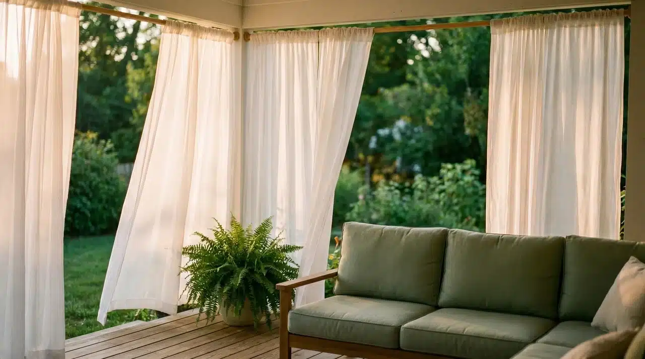 Wooden deck with billowing white outdoor curtains, sage cushion sofa and potted fern in warm late afternoon filtered light.