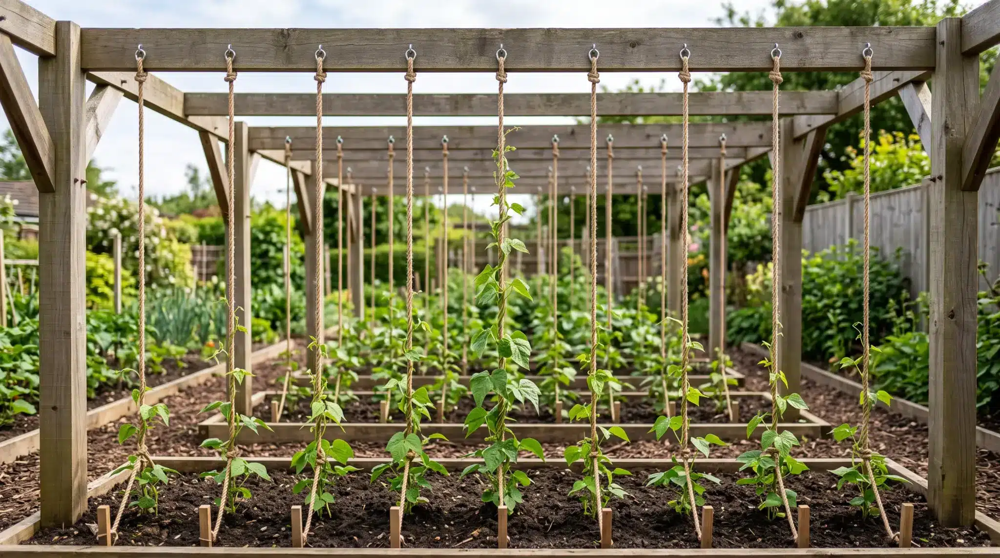 Vertical ropes suspended from a pergola beam and secured beside climbing bean plants.