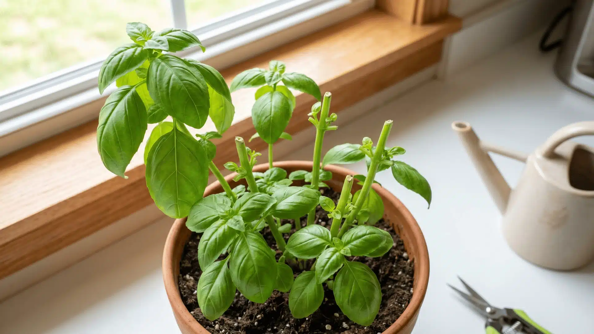 Regular harvesting of indoor herbs to encourage fuller growth.