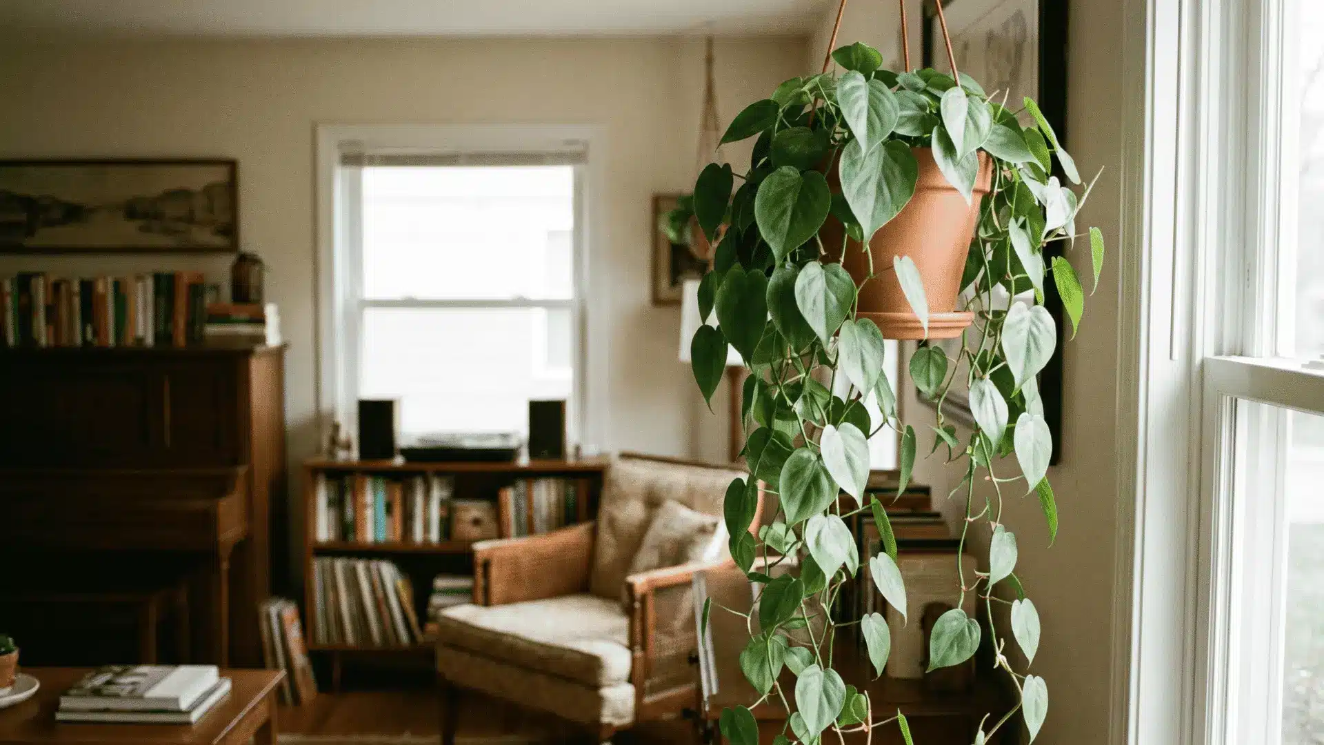 Heartleaf philodendron hanging with trailing green leaves.