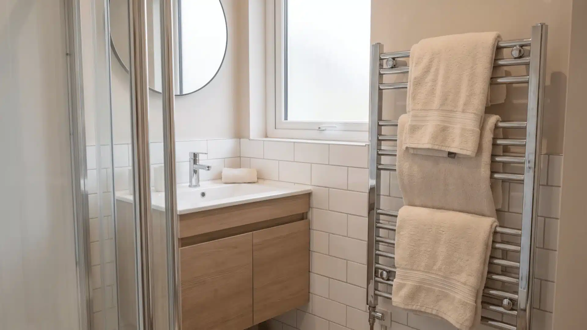 Wall-mounted heated towel rail with folded towels in a small bathroom