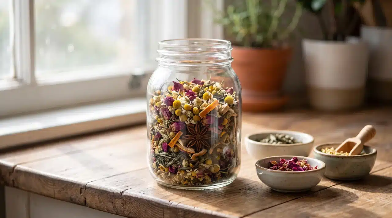 Glass jar filled with dried tea ingredients and herbs beside loose blend materials